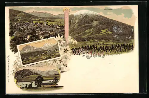 Lithographie Igls b. Innsbruck, Ortsansicht, Lanser See mit Lanser Köpfen, Patscherkofl
