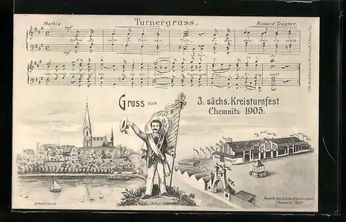 Künstler-AK Chemnitz, 3. sächs. Kreisturnfest 1905, Turnergruss, Festhalle, Ortspartie mit Kirche