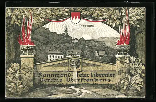 Künstler-AK Trebgast, Sonnwendfeier liberaler Vereine Oberfrankens, Ortsansicht