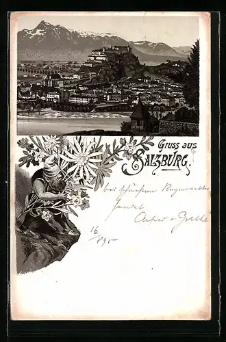 Vorläufer-Lithographie Salzburg, 1895, Panoramablick auf Stadt und Gebirge, Zwerg