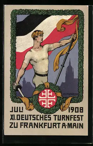 AK Frankfurt, XI. Deutsches Turnfest 1908, Turner mit Fahne und Degen, Wappen der Turner