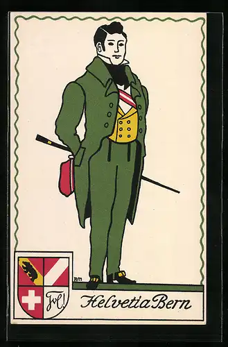 Künstler-AK Fritz Baumgarten: Bern, Student, Helvatia, Studentenwappen