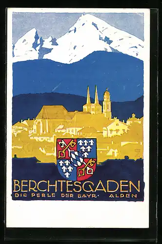 Künstler-AK Ludwig Hohlwein: Berchtesgaden, Ortsansicht, Wappen