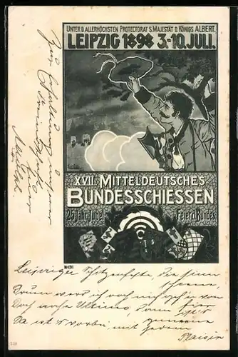 Künstler-AK Leipzig, XVII. Mitteldeutsches Bundesschiessen 1898, Schütze zieht grüssend den Hut