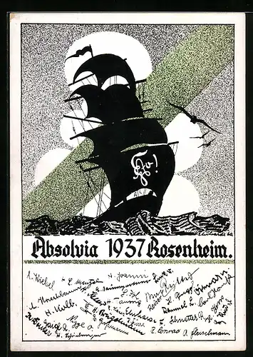 Künstler-AK Rosenheim, Absolvia 1937, Segelschiff