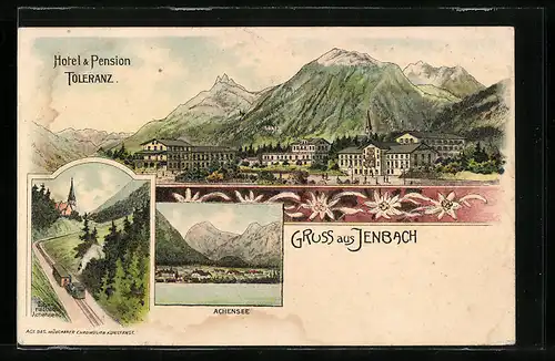 Lithographie Jenbach, Totalansicht mit Hotel und Pension Toleranz