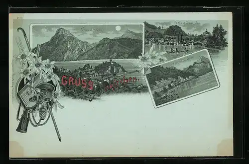 Mondschein-Lithographie Traunkirchen, Sonnensteintunnel, Panoramablick auf den Ort
