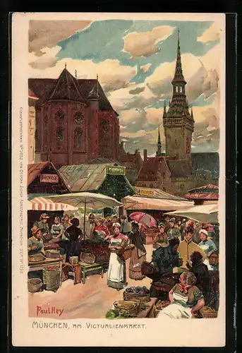 Künstler-Lithographie Paul Hey: München, Am Victualienmarkt