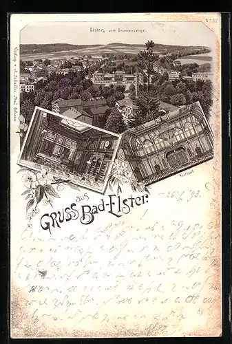 Vorläufer-Lithographie Bad-Elster, 1893, Teilansicht vom Brunnenberge, Lesezimmer im Kurhaus, Kursaal