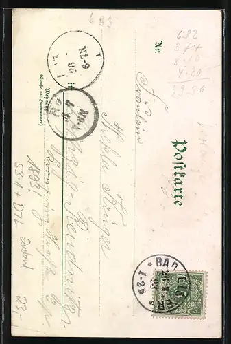 Vorläufer-Lithographie Bad-Elster, 1893, Teilansicht vom Brunnenberge, Lesezimmer im Kurhaus, Kursaal