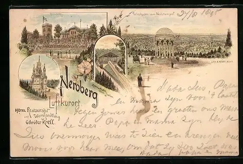 Vorläufer-Lithographie Wiesbaden, 1895, Hotel-Restaurant und Weinhandlung Gebrüder Krell, Zahnradbahn, Nerotempel