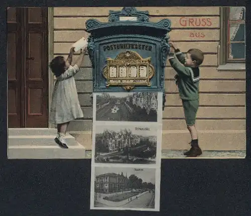 Leporello-AK Crefeld, Kinder am Briefkasten, Bahnhof, Rheinstrasse, Hochstrasse, Museum