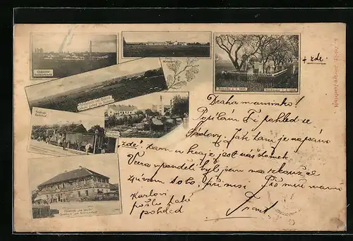 AK Sadova, Gasthaus am Schlachtfeld, Bahnhof, Zuckerfabrik, Brauerei