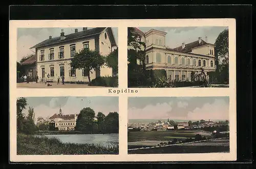 AK Kopidlno, Bahnhof, Ortsansicht, verschiedene Gebäude