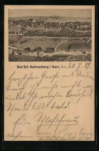 Vorläufer-Lithographie St. Andreasberg i. Harz, 1889, Panoramablick auf den Ort