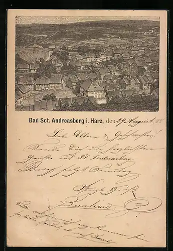 Vorläufer-Lithographie St. Andreasberg i. Harz, 1888, Ortsansicht aus der Vogelschau