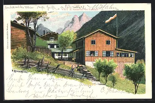 Künstler-AK Rudolf Reschreiter: Ebbs, Gasthaus Veitenhof gegen die Berge