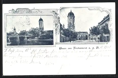 AK Fischamend, Flusspartie mit Kirche, Ortspartie am Stadtturm