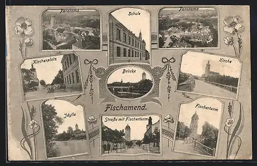 AK Fischamend, Kirchenplatz, Strasse mit Fischerturm, Brücke und Kirche