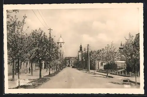 AK Fischamend, Strassenpartie mit Blick zum Fischerturm