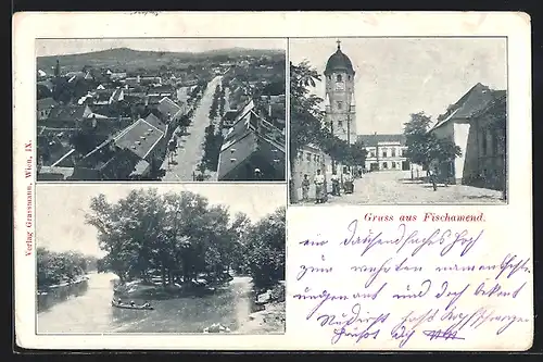 AK Fischamend, Ortsansicht aus der Vogelschau, Wasserpartie, Blick zum Stadtturm