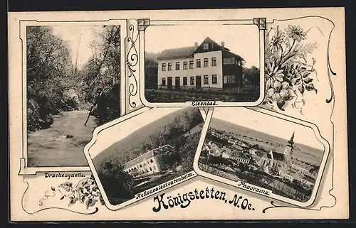 AK Königstetten, Rekonvaleszenzheim, Drachenquelle und Eisenbad