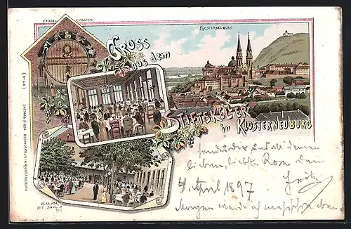 Lithographie Klosterneuburg, Ortsansicht, Stiftskeller, Innenansicht, Veranda