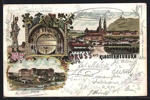 Lithographie Klosterneuburg, Fassrutschen im Stiftskeller, Kaserne, Ortsansicht