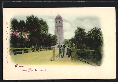 AK Fischamend, Blick von der Brücke auf den Fischerturm