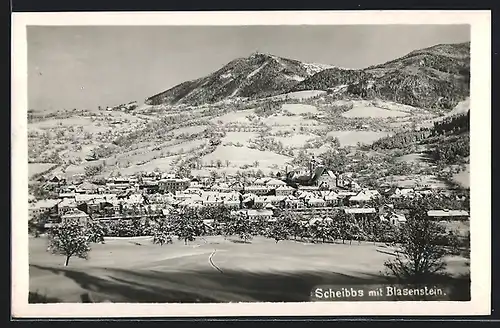 AK Scheibbs, Ortsansicht mit Blasenstein im Winter
