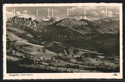 AK Jungholz i. T., Gesamtansicht mit Bergpanorama aus der Vogelschau