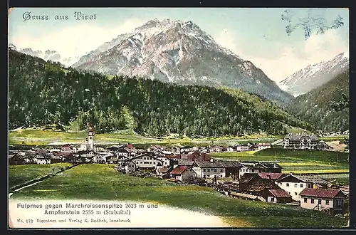 AK Fulpmes, Ortspanorama mit Marchreissenspitze und Ampferstein