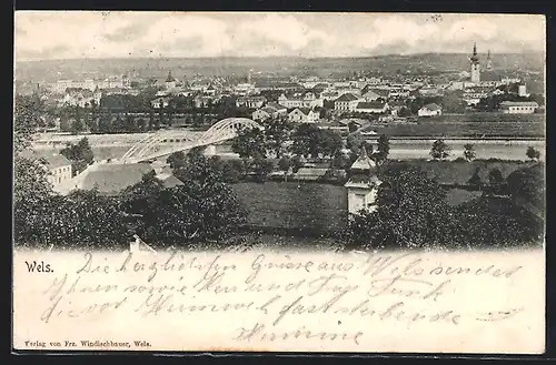 AK Wels, Ortsansicht mit Brücke aus der Vogelschau