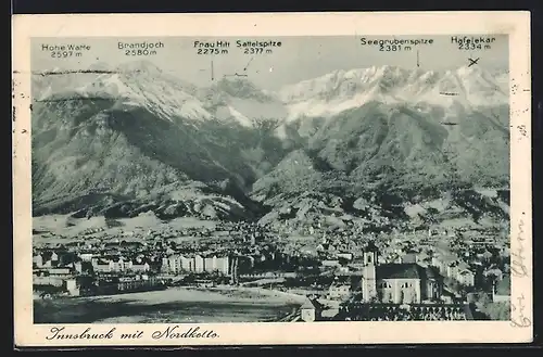 AK Innsbruck, Ortsansicht mit Nordkette aus der Vogelschau