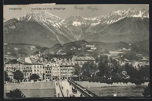 AK Innsbruck, Innbrücke mit Frau Hittgebirge