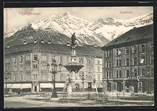 AK Innsbruck, Rudolfsbrunnen mit Bergpanorama