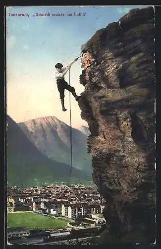AK Innsbruck, Bergsteiger am Felsen vor Ortsansicht