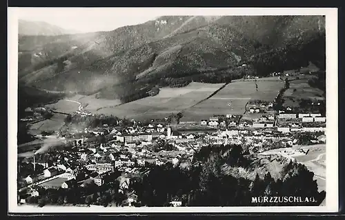 AK Mürzzuschlag, Totalansicht mit Feldern aus der Vogelschau
