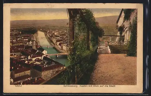 AK Graz, Schlossberg Kastell mit Blick auf die Stadt