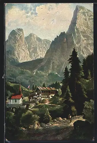 Künstler-AK Hinterbärenbad, Ortsansicht mit Kirche und Bergpanorama