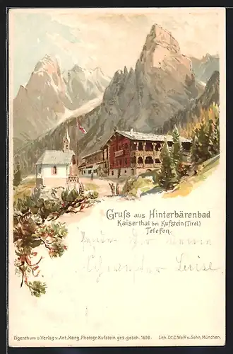 Lithographie Hinterbärenbad, Ansicht der Ortschaft im Kaiserthal