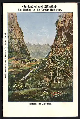 AK Strass im Zillertal, Blick auf Strass mit Gebirgspanorama