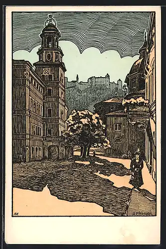 Künstler-AK Salzburg, Strasse mit Glockenspiel