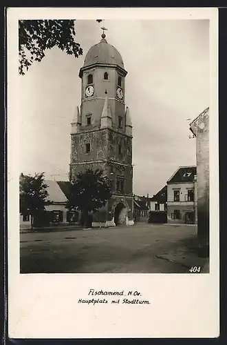 AK Fischamend, Hauptplatz mit Stadtturm