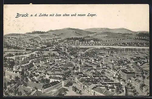 AK Bruck a. d. leitha, Panoramaansicht mit altem und neuem Lager
