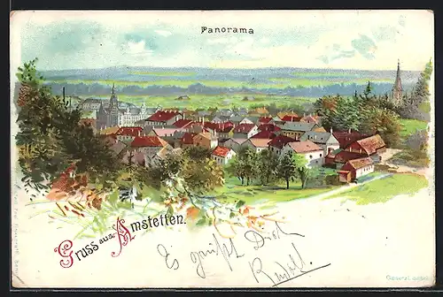 Lithographie Amstetten, Panorama der Stadt aus der Vogelschau