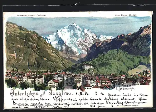 Künstler-AK C. Steinmann Nr. 2138: Interlaken, Ortsansicht mit der Jungfrau