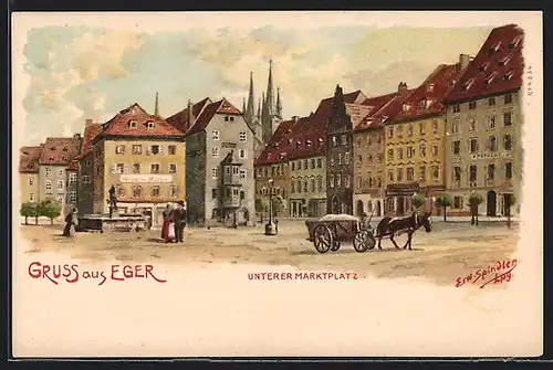 Künstler-Lithographie Erwin Spindler: Eger, Unterer Marktplatz