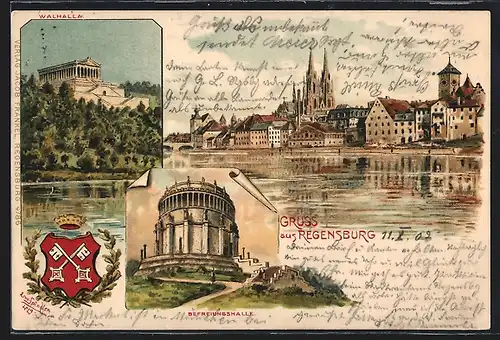 Künstler-AK Erwin Spindler: Regensburg, Walhalla, Befreiungshalle, Wappen