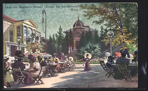 Künstler-AK Wien-Schönbrunn, Partie in Wallmer`s Meierei und Restaurant Tivoli